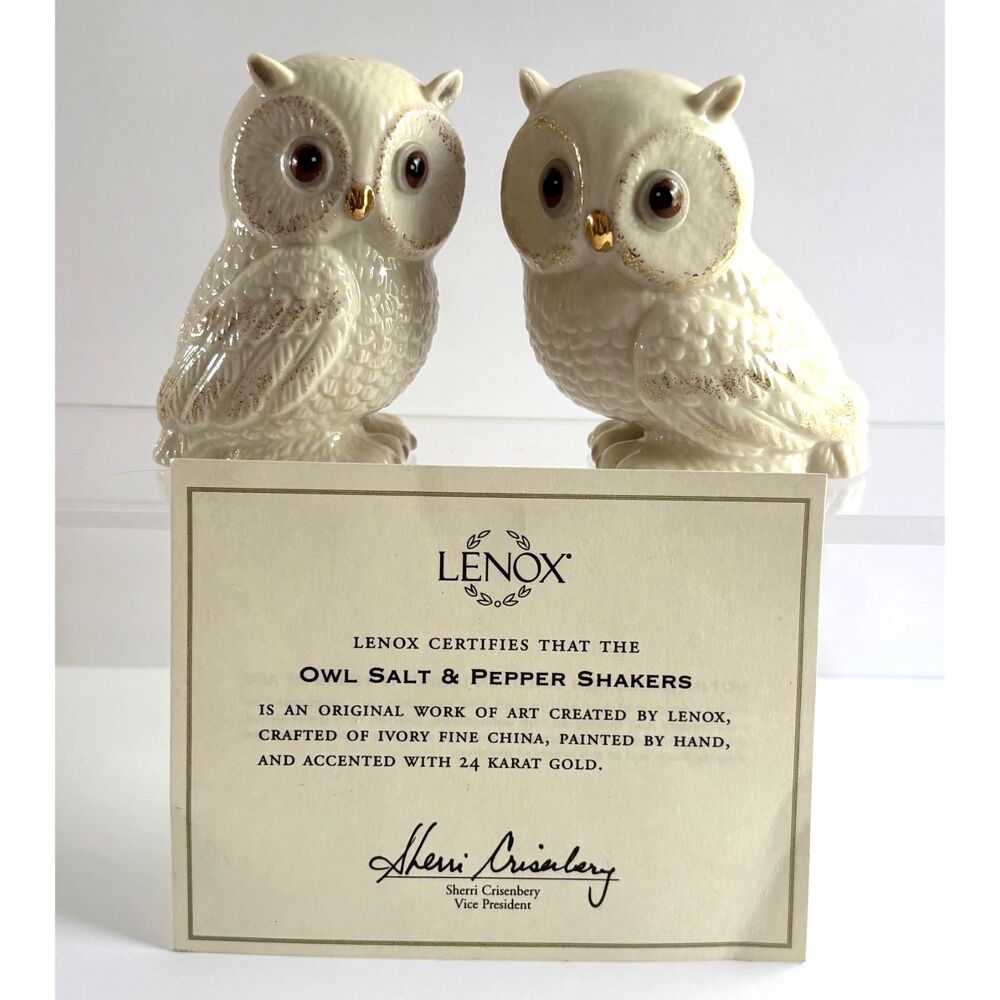 Lenox Owl Salt & Pepper Shakers Fine China Hand Painted 24 Karat Gold VTG NIB